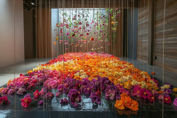 Large display of colorful flowers in a room.