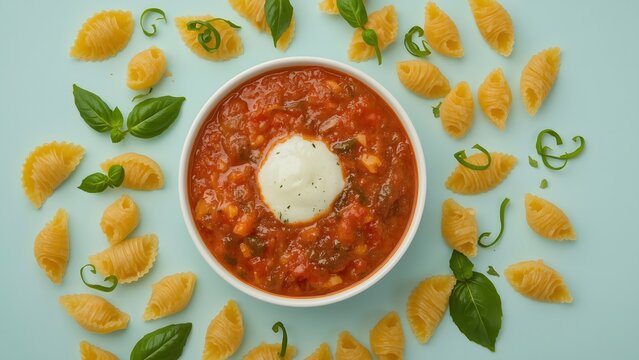 Tomato Pasta Dish: A culinary symphony unfolds with a vibrant red tomato based pasta, topped with a dollop of creamy delight, encircled by delicate pasta shells and fresh basil leaves.