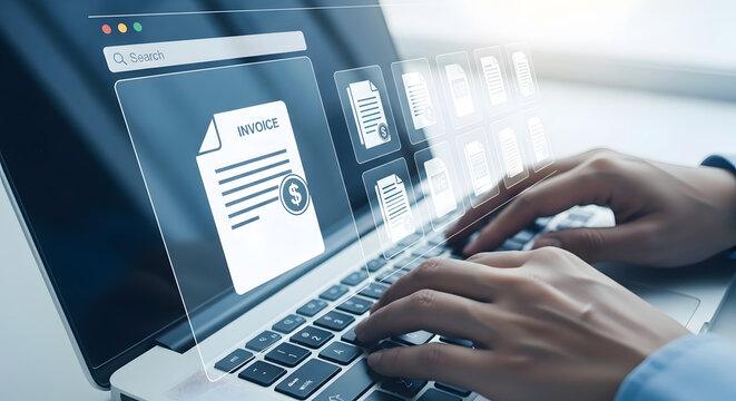 Digital invoicing process with hands typing on a laptop displaying document icons.