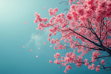 Blooming pink cherry tree against blue sky.
