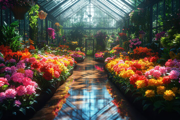 Vivid flowers bloom in a lush greenhouse.