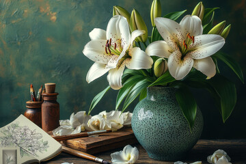 White flowers in vase beside book.