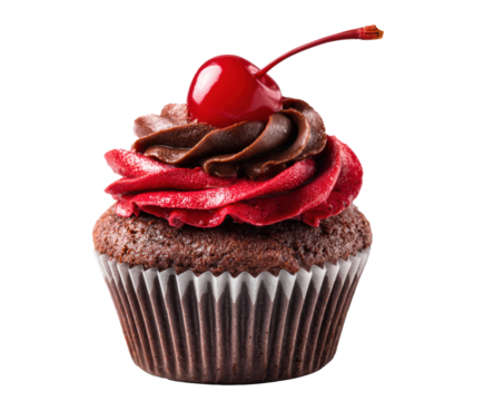 Delicious chocolate cupcake topped with red frosting and cherry
