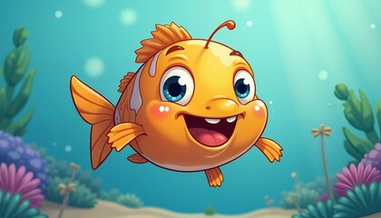 Happy Cartoon Fish Swimming Underwater