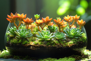 Orange flowers bloom in a small glass vase.