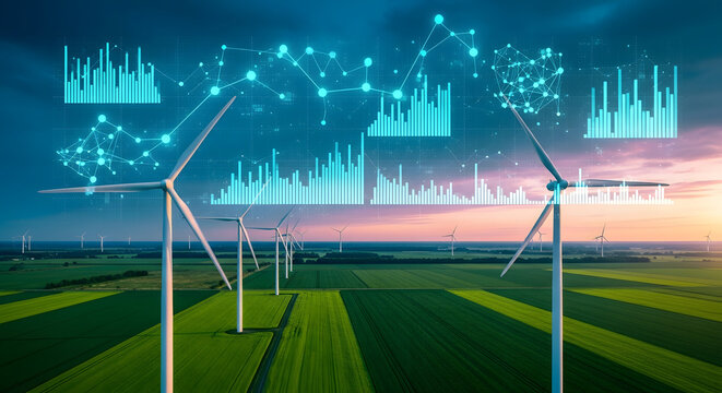 Renewable energy harnessed by wind turbines visualized with futuristic data analytics and network connections.
