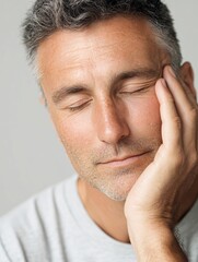 Fototapeta premium Emotional man squeezing eye shut indoor portrait calm environment close-up view reflective moment