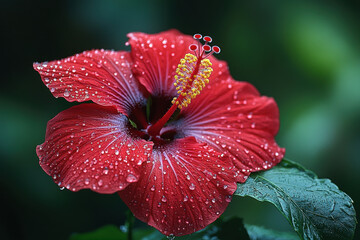 Red flower glistening with water droplets.