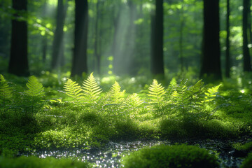 Sunlight filtering through a moss-covered forest floor.