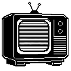 Pixelated old television set illustration with antenna and knobs in black and white for vintage tech theme