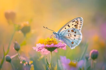 A pale blue butterfly with intricate wing patterns rests on a pink daisy flower in a sunlit meadow