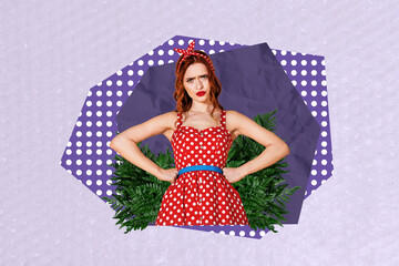 Creative pop poster sketch art collage of happy girl stand green leaves branch bush forest park walk spring summer season