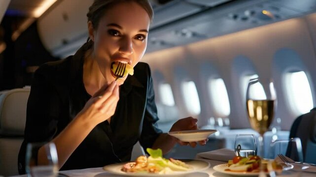 A woman enjoying a delicious meal and drink in a first-class cabin on a plane