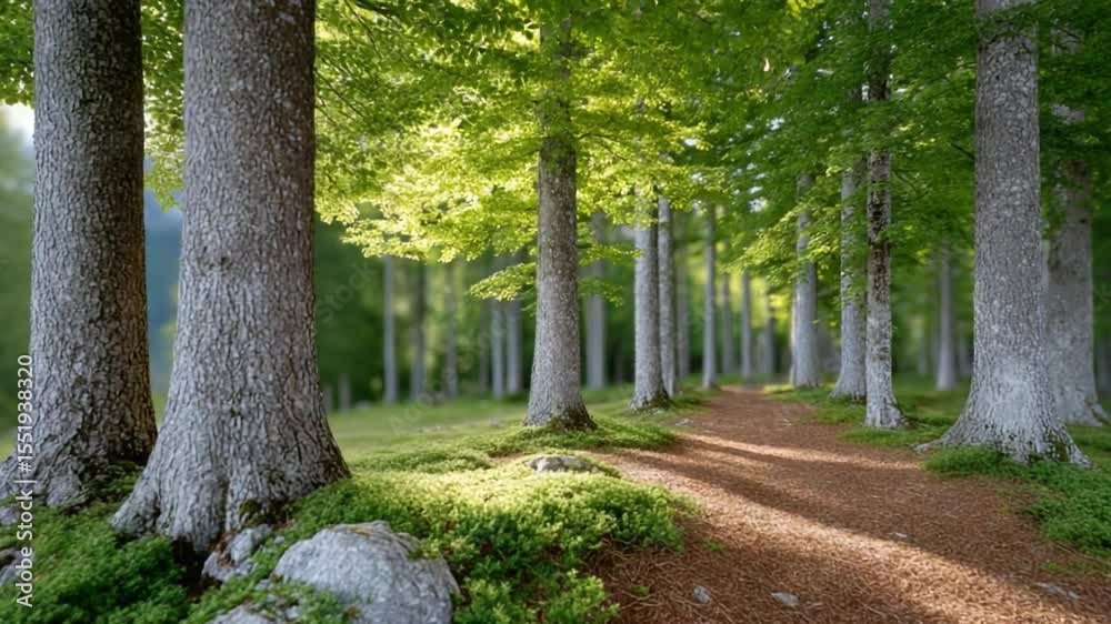 Poster forest path sunlight: a sunlit path winds through a serene forest, dappled sunlight filtering throug