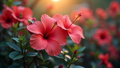 Red Hibiscus Flower in Garden