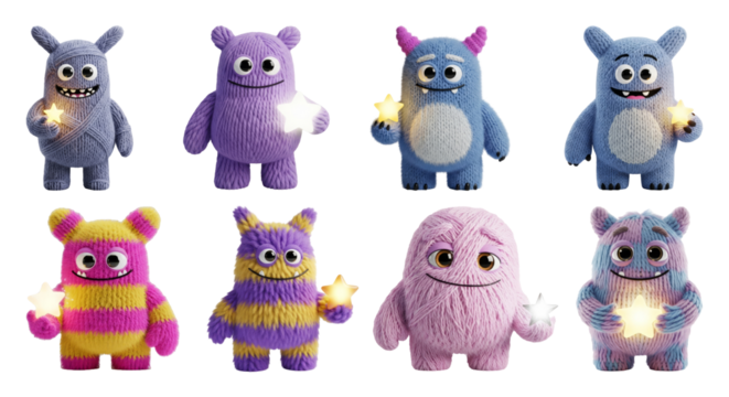 Set of Cute and Colorful 'Kidult' Toy Monster Characters as PNG Assets.
