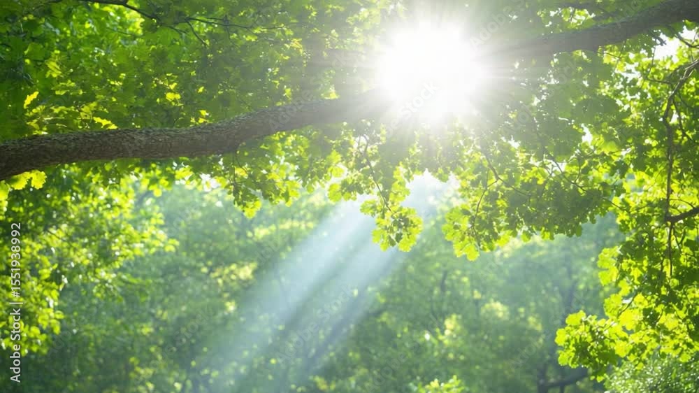 Poster Sunbeams Through Canopy: Sunlight streams through the leaves of a lush green forest canopy, creating a magical, sun-dappled effect.
