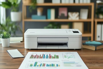 Photo of a printer printing graphs and charts on paper, with an office desk in the background.
