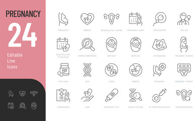 Pregnancy Editable Icons set. Vector illustration in modern thin line style of motherhood related icons: fertility, hormone therapy, medical examination, and more. Isolated on transparent background.