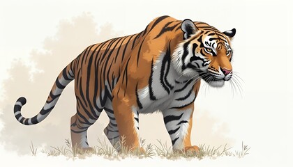 Orange tiger with black stripes walking on grass