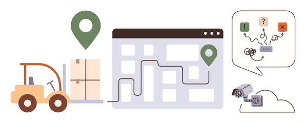 Fototapeta premium Forklift moving boxes, warehouse map with route tracking, GPS pins, security camera, and decision-making interface. Ideal for logistics, delivery, monitoring, supply chain safety technology
