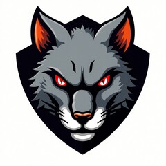Aggressive Gray Wolf Mascot Head, Fierce Red Eyes, Dark Shield, Vector Illustration, Sport Logo Design