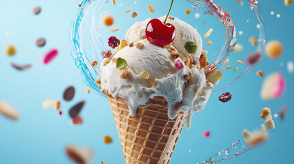cherry ice cream photographed with some splash 