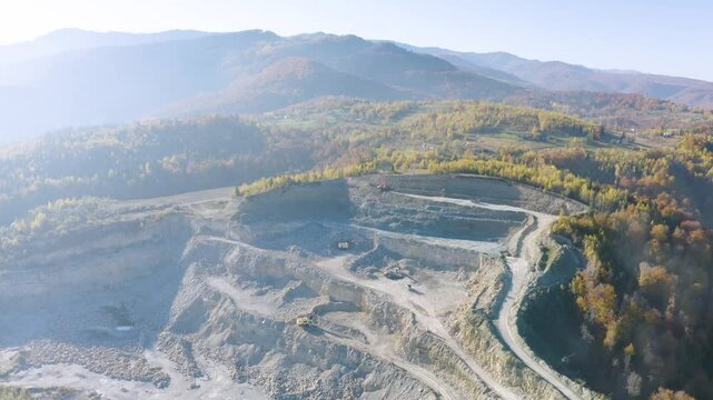 autumn, drone, flight, aviation, aerial, mina, destruction, resource, exploitation, road, limestone quarry, stone quarry, land, ecology, excavating, exploiting, stones, excavators, rock, europe, mine,