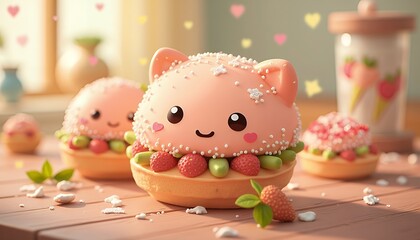 Cat cake with strawberry and green topping