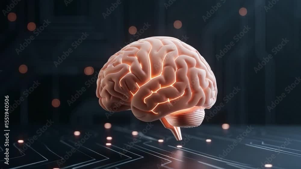 Poster Brain's Intelligent Design: This captivating image showcases a human brain illuminated against a backdrop of intricate circuits and neural pathways.
