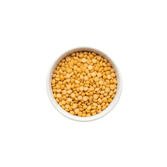 A white bowl filled with bright yellow split peas shown from a top down perspective isolated on transparent background