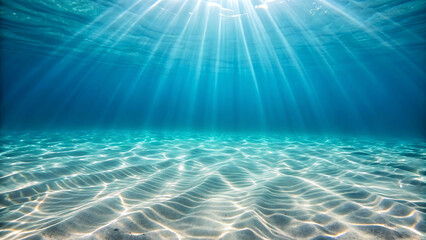Fototapeta premium Underwater ocean scene: sunbeams illuminate sandy seabed, tranquil blue water