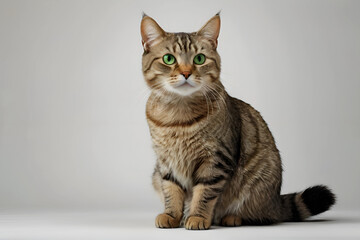 Cute tabby cat with green eyes, Adorable domestic cat portrait,  Fluffy cat looking alert, Green-eyed cat on studio background, Calm pet cat posing AI photo.