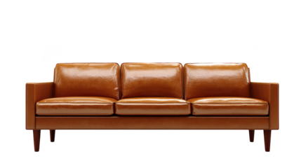 Classic brown leather three seater sofa with wooden legs isolated on transparent background
