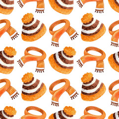 Seamless pattern of autumn clothes illustration. Watercolor hand drawn sweaters, socks, scarves and accessories on white background. Use for poster, print, card, textile, market