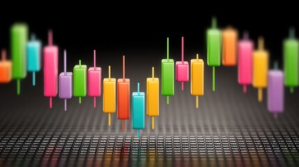 Obraz premium crypto market in motion, multi-colored vertical candlestick chart on black digital grid, conceptual tech finance, minimal futuristic feel