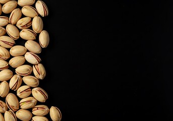 Pistachio nuts arranged on black background for snack or dessert  