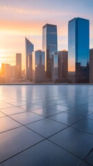 A city skyline with a reflection of the sun