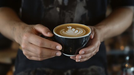 Coffee Artist's Hands Presenting Latte Art in Black Mug