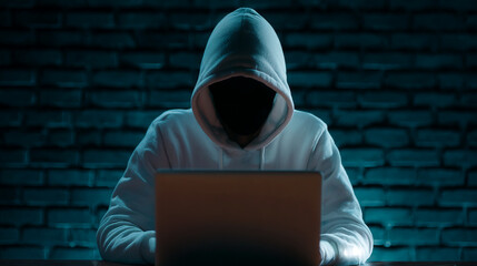 Person in a hoodie sitting at a desk in front of a laptop with a brick wall in the background