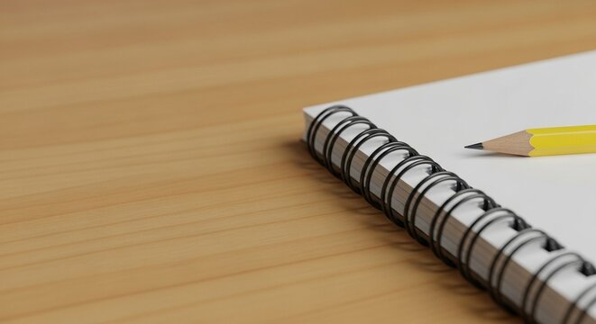 Clean spiral-bound notebook and sharpened yellow pencil on light wooden desk in a classroom setting