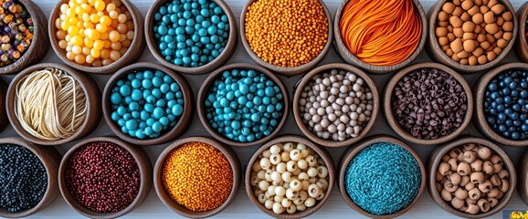A vibrant array of colorful sprinkles and beads arranged in wooden bowls for baking