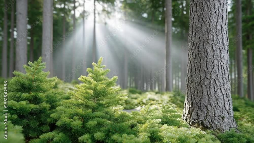 Poster rays of sunlight in forest: sun rays pierce through the dense foliage of a lush forest, creating a m