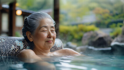 Senior asian woman enjoying spa relaxation in thermal pool with serene smile. Wellness therapy and self-care for elderly health and happiness. Luxury resort lifestyle for golden years rejuvenation