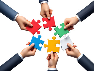 Six hands holding a puzzle piece, symbolizing teamwork and a solution to a business challenge through connection and creative partnership png file download