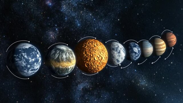 The planets of our solar system aligned in a row, set against a backdrop of a star-filled galaxy. Each planet is rendered with realistic detail and color