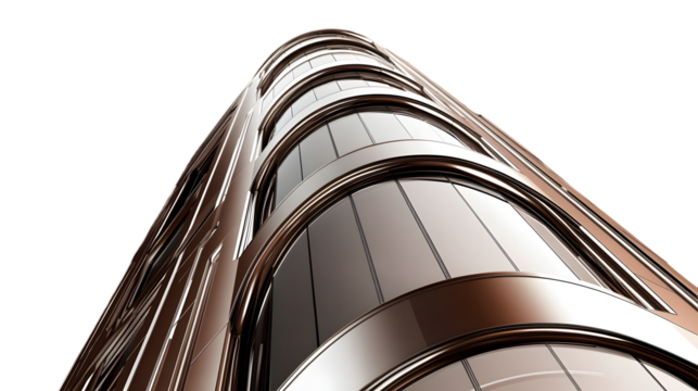 Worm's eye view of a modern building with curved glass windows on transparent background png