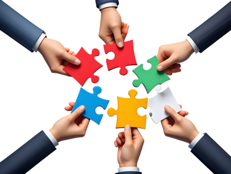 Six hands holding a puzzle piece, symbolizing teamwork and a solution to a business challenge through connection and creative partnership png file download