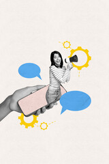 Exclusive art banner creative collage of hand hold phone happy girl peek screen gears scream...