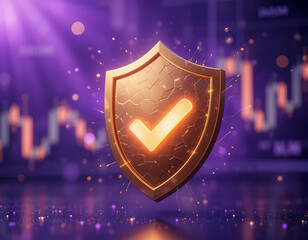 Fototapeta premium Gold Shield Checkmark on Metallic Background with Financial Theme